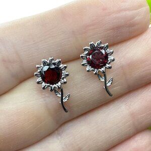 Sunflower red garnet stud earrings jewelry s925 sterling silver fashion NEW